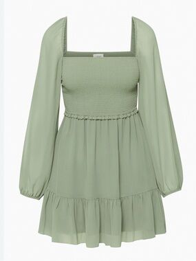 Aritzia Wilfred Sage Green Long Sleeve Smocked Tiered Mini Dress
